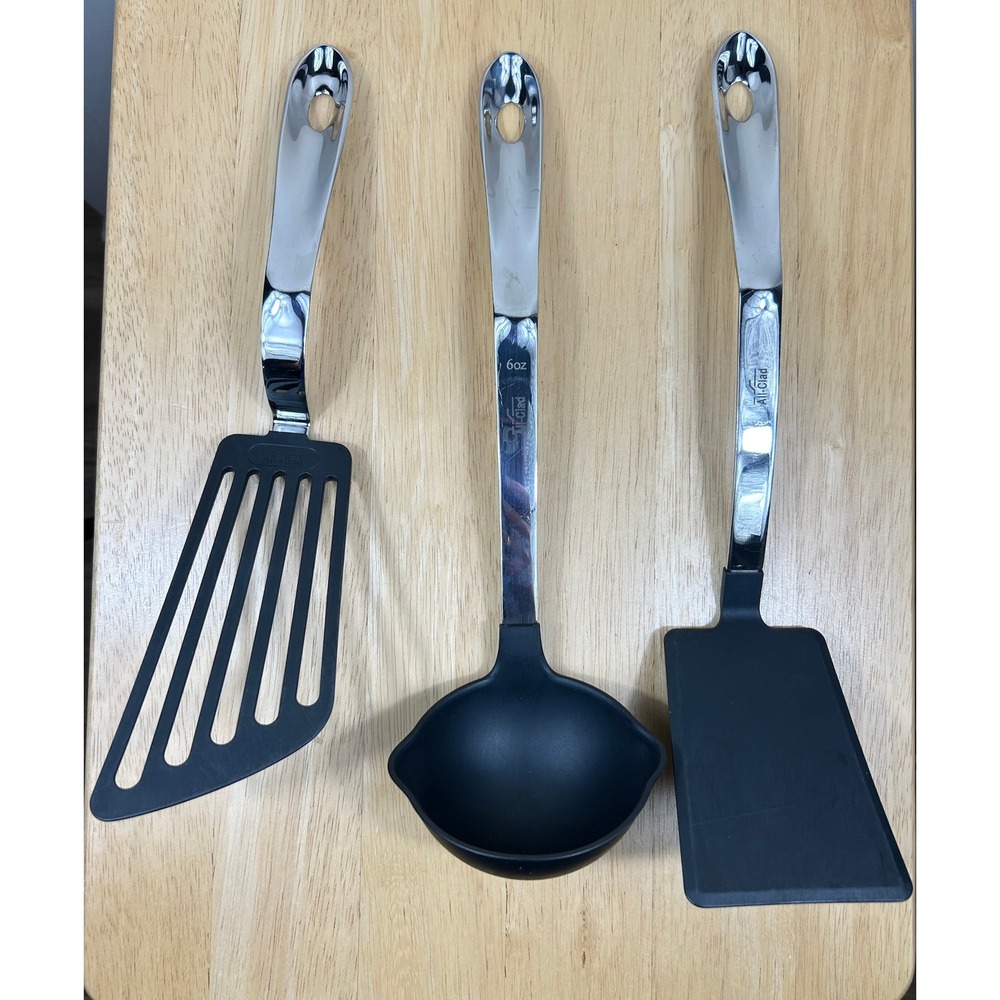All-Clad Kitchen Tool Set 3pc Black Silver Ladle Spatula Turner Nylon Stainless